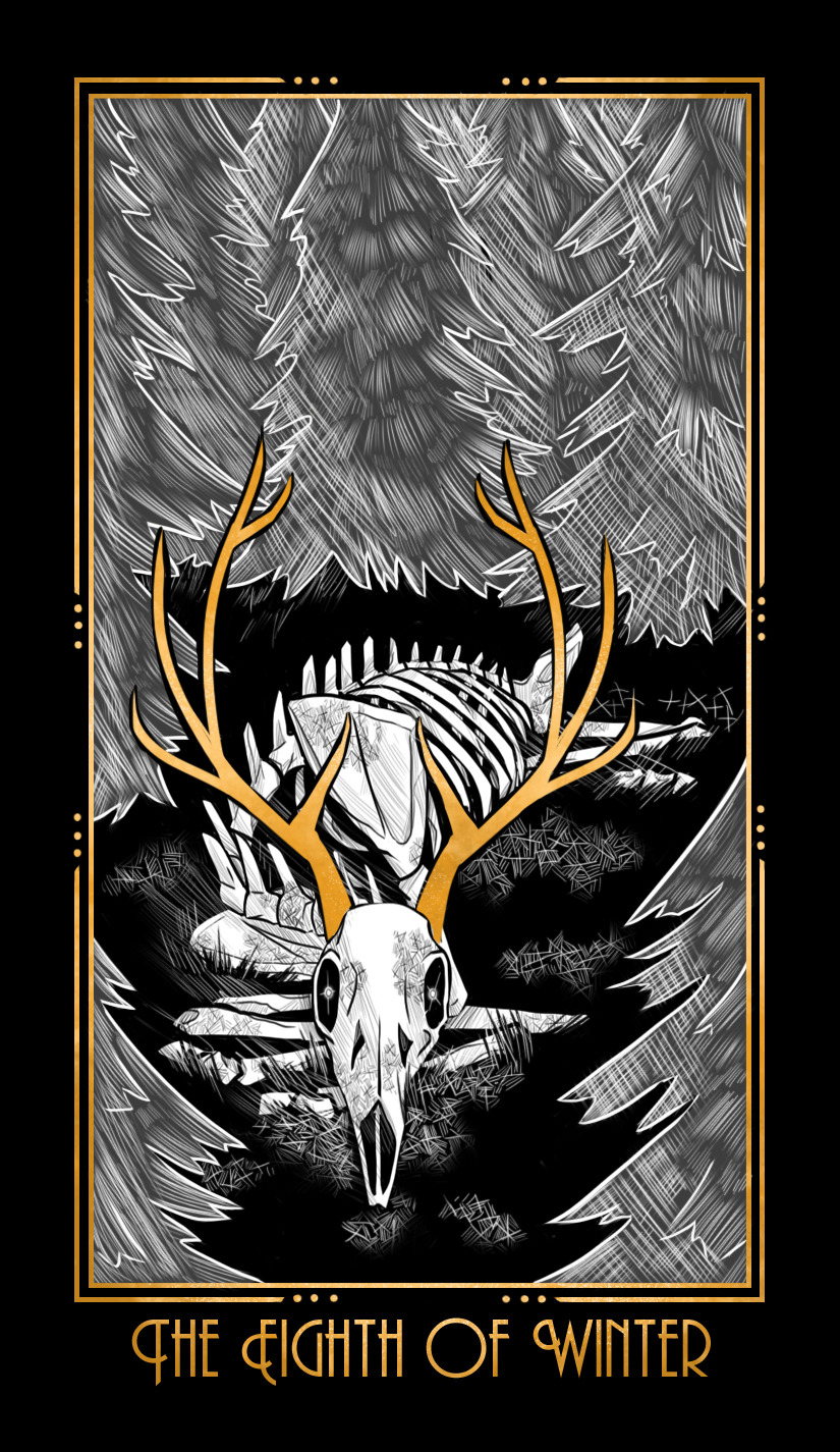 A black, white, and gold card depicting an elk skeleton with giant gold horns and trees around it. It is labeled, 'The Eighth of Winter'.