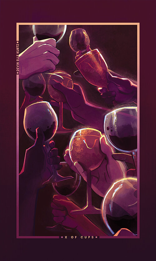 A purple card with 10 wine glasses being raised in the air in a 'Cheers' gesture by 10 hands. It is labeled 'X of Cups'